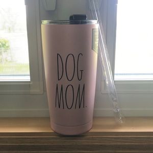 Rae Dunn Pink Dog Mom 17oz insulated stainless steel tumbler with lid and straw